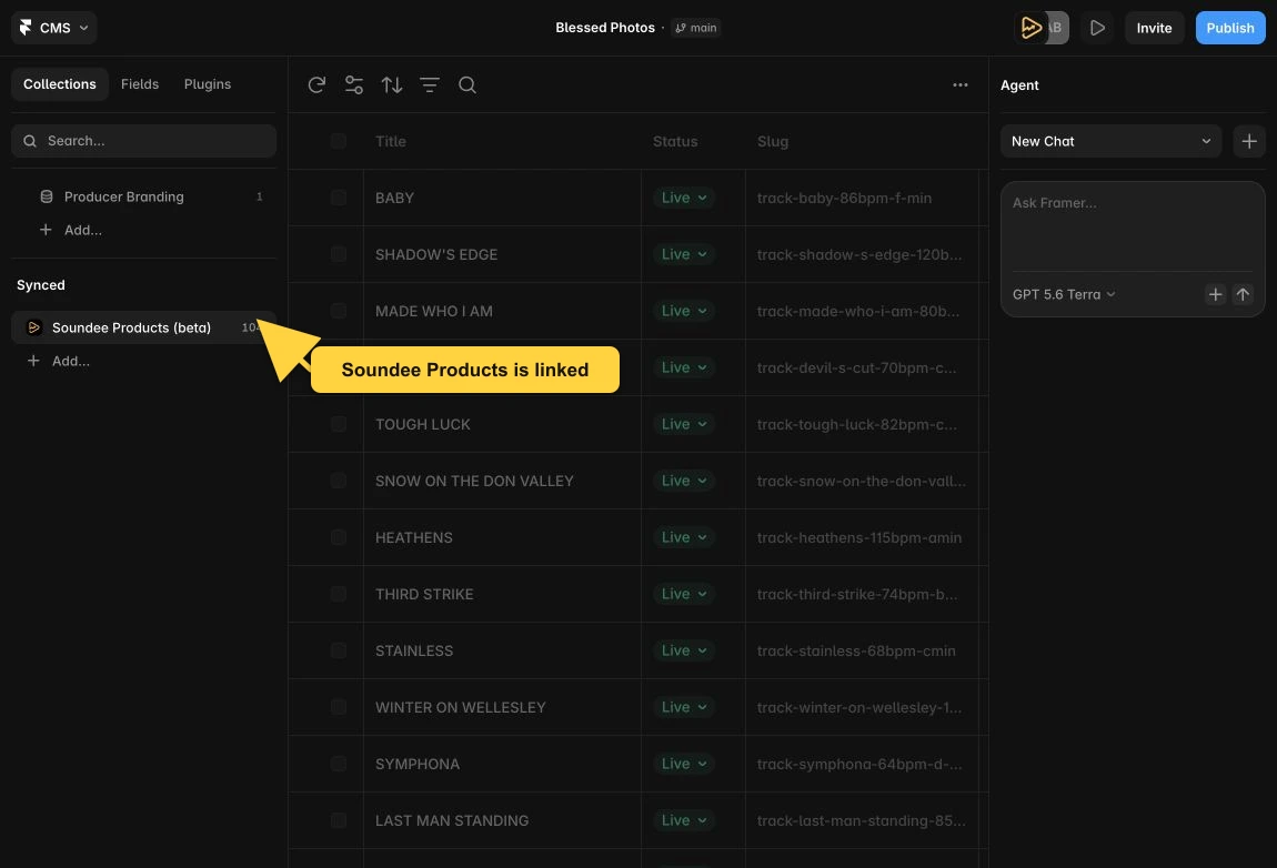 Framer's CMS with the synced Soundee Products beta collection selected and a list of live tracks with titles, statuses and slugs.
