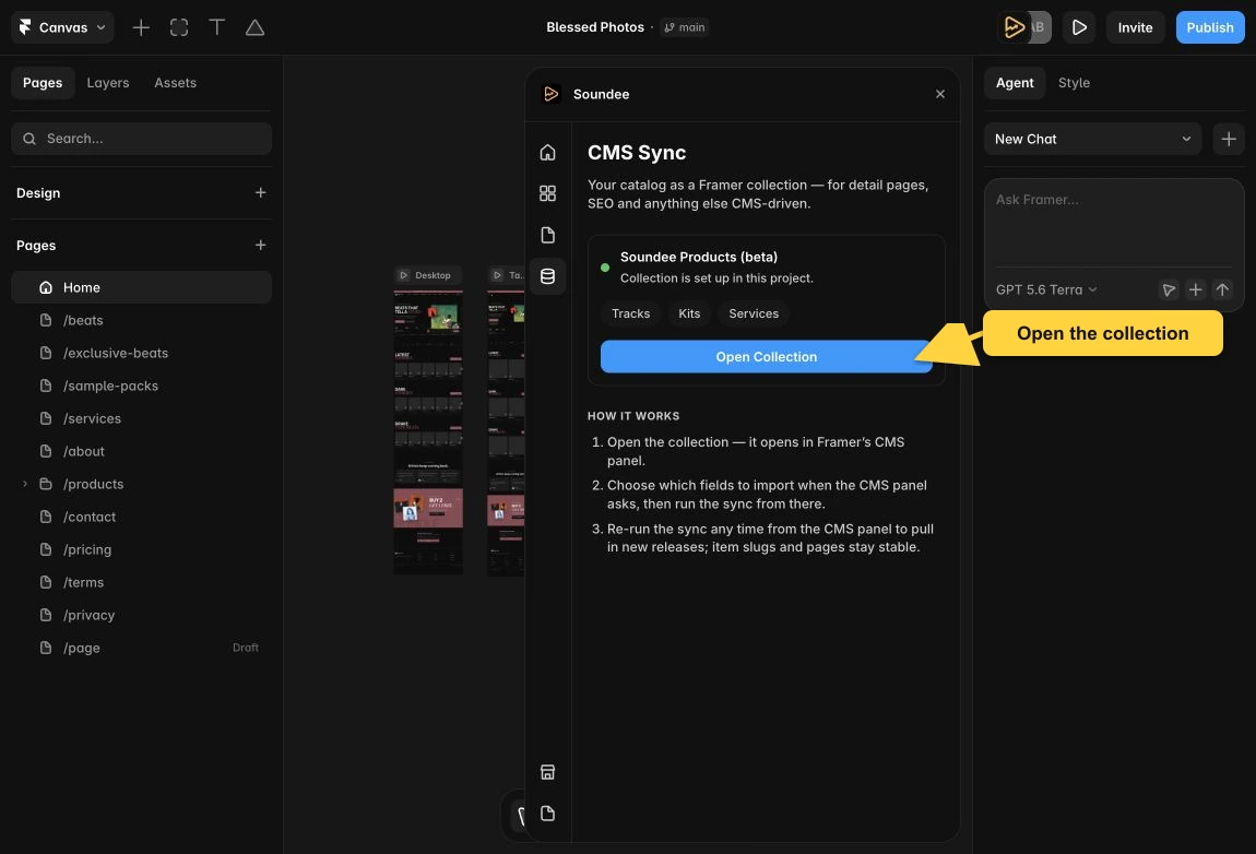 The Soundee CMS Sync screen in Framer showing that Soundee Products beta is set up, with Open Collection marked by a yellow callout.