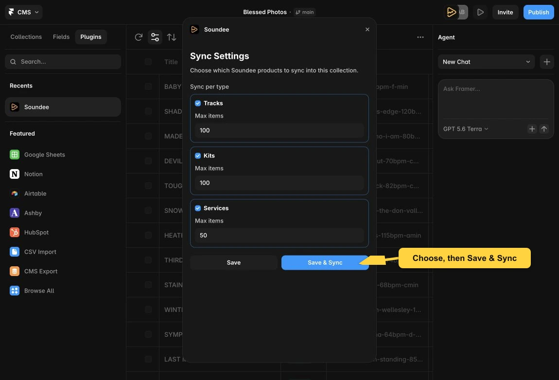 Soundee Sync Settings over Framer's CMS, with Tracks, Kits and Services enabled, item limits visible and Save and Sync marked by a yellow callout.