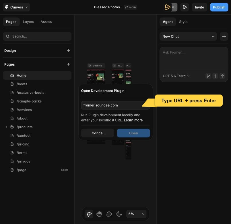 Framer's Open Development Plugin dialog with framer.soundee.com entered and a yellow callout pointing to the URL field.