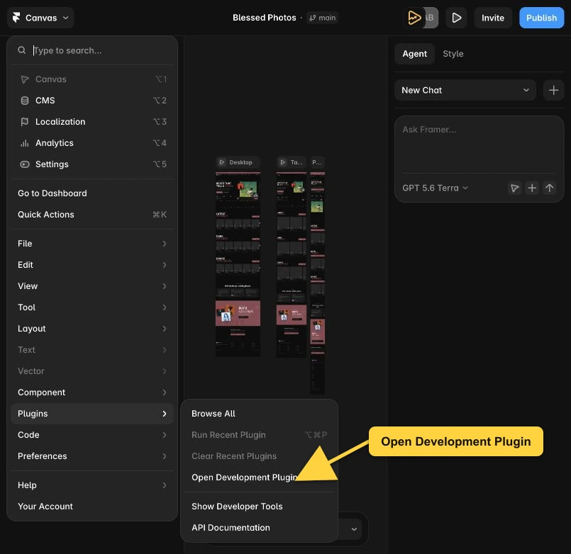 The Framer Canvas menu with its Plugins submenu open and Open Development Plugin marked with a yellow callout.