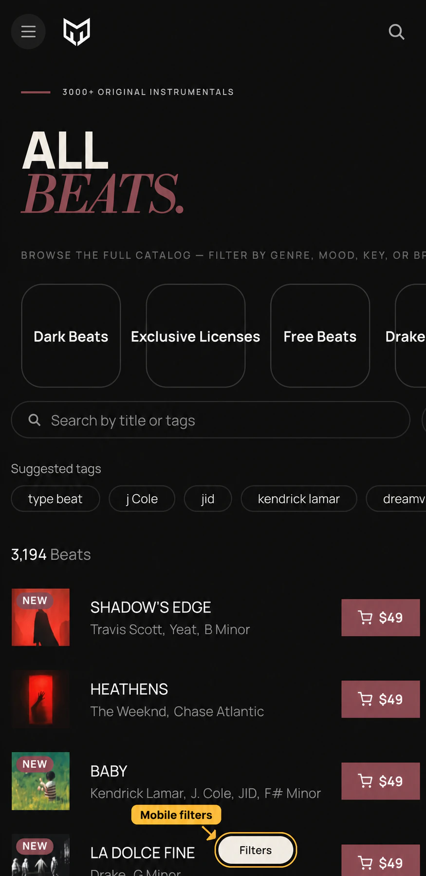 A beats page on a phone: the filter dropdowns are gone and a gold Mobile filters callout points to the outlined floating Filters button at the bottom.