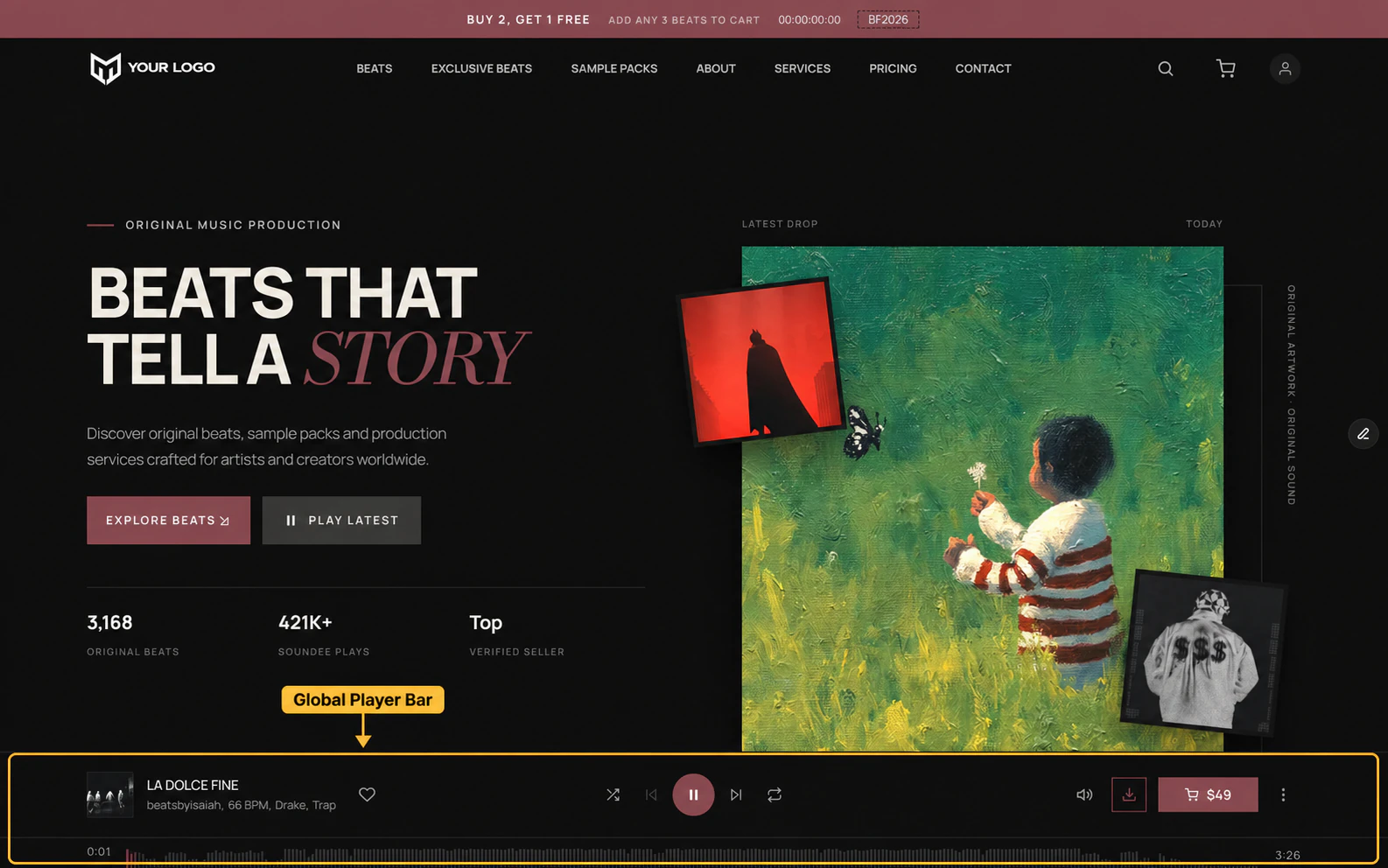 A home page with a track playing: a gold Global Player Bar callout frames the bar pinned across the bottom with artwork, the title La Dolce Fine, the artist, BPM and tags, transport controls, a waveform seek bar and a $49 cart button.